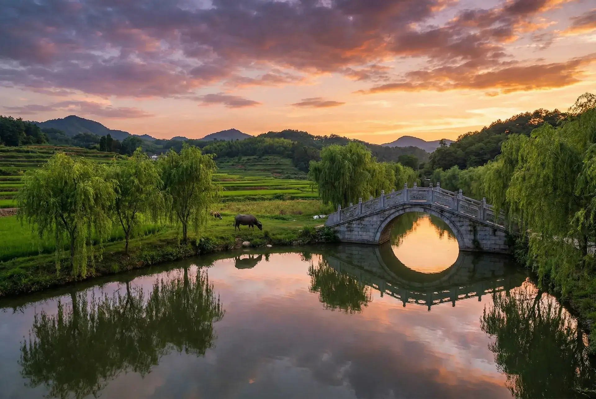 夕阳下的石拱桥与垂柳，水牛在河边吃草 - 舒淇与任达华的电影 乡村美景